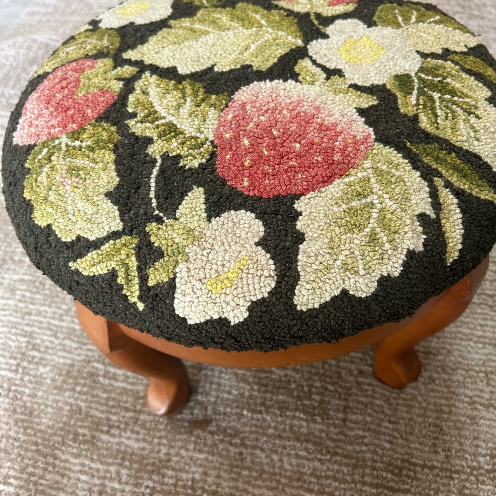Handmade hooked rug strawberry footstool. perfect condition, collector piece
